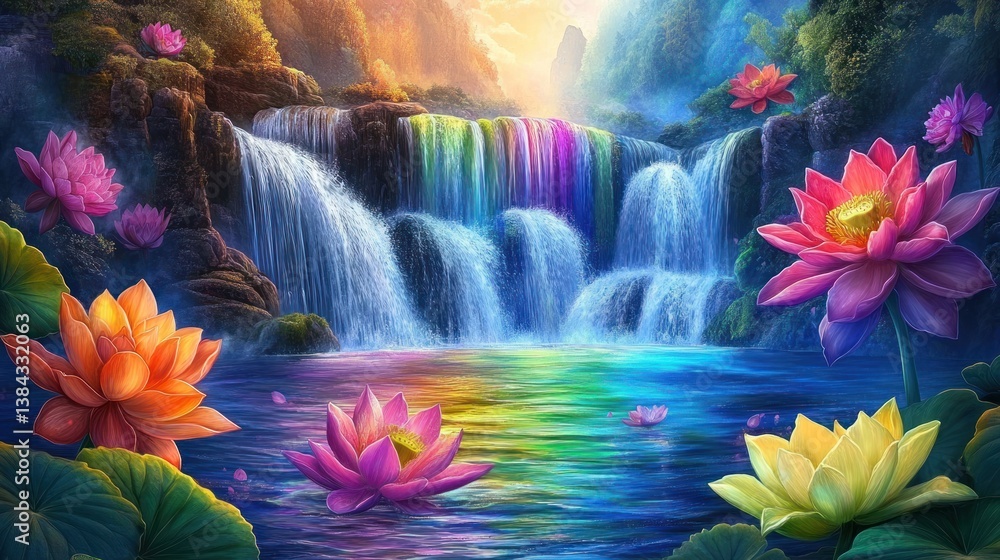 Colorful Waterfall with Lotus Flowers Colorful Waterfall with Lotus Flowers