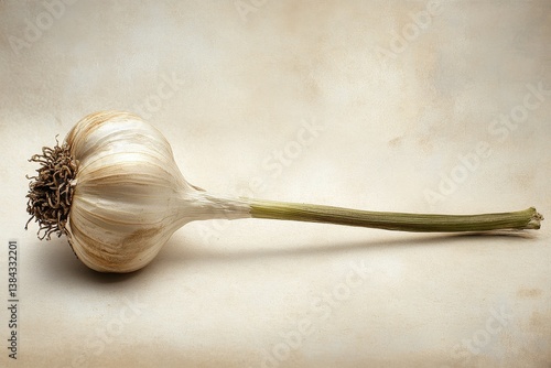 A single bulb of garlic displayed against a textured background