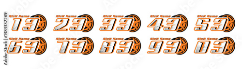 racing number set 3 to 93 in white and orange with halftone effect on white background for racing, racing jersey