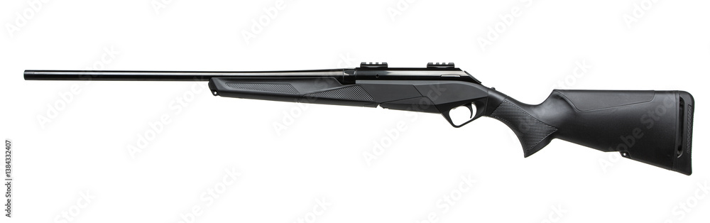 A modern bolt-action rifle with a durable synthetic stock, displayed on a bright white backdrop. A modern bolt-action rifle with a durable synthetic stock, displayed on a bright white backdrop.
