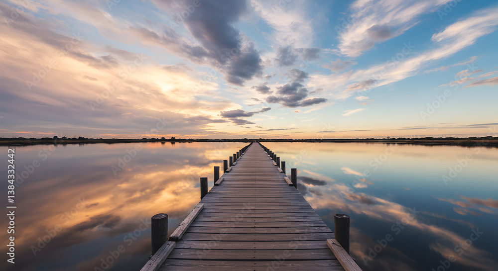 Fototapeta premium Scenic Wooden Pier Extending Over Still Water Reflecting Cloud Formations