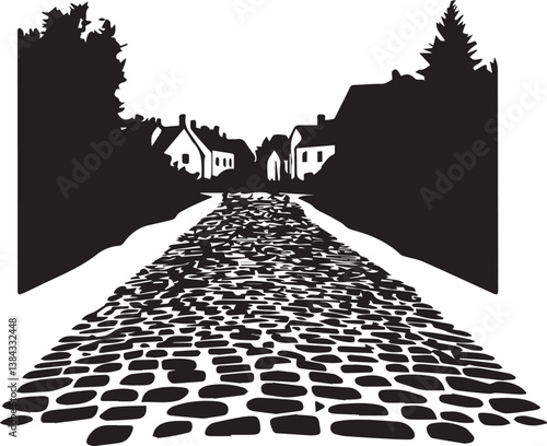 Silhouette of an old cobblestone road leading into a village