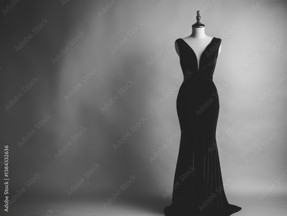 Velvet black dress on mannequin with studio lighting and negative space on right