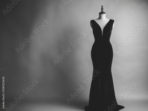 Obraz na płótnie Velvet black dress on mannequin with studio lighting and negative space on right w salonie
