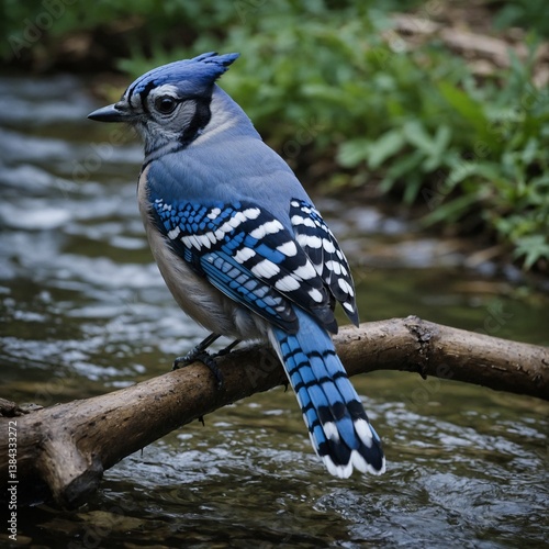 A blue jay perched beside a rippling stream.