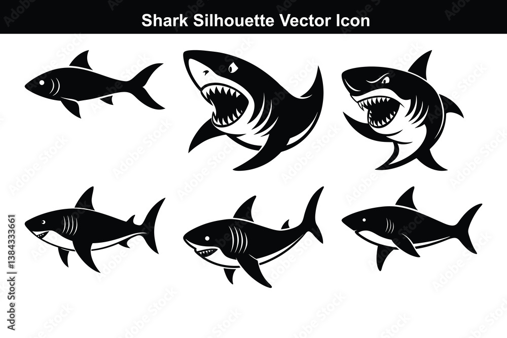 Fototapeta premium Vector set of black and white animal shark illustration.