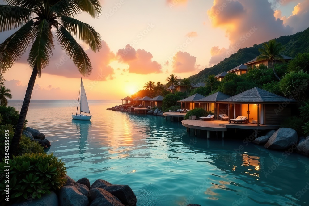 Naklejka premium Serene Sunset Overwater Bungalows and a Sailboat at Golden Hour