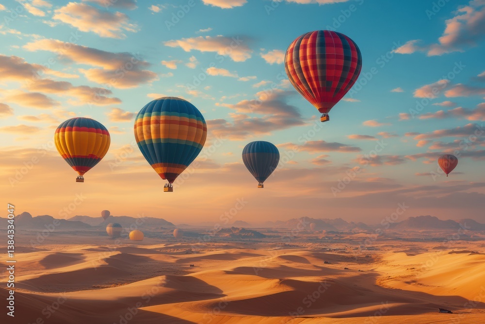 Obraz premium Stunning hot air balloons float over golden desert dunes at sunrise with warm hues and vibrant colors