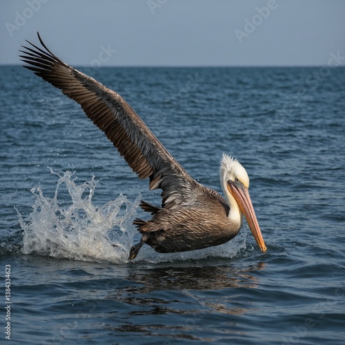 A pelican diving for fish in coastal waters.
