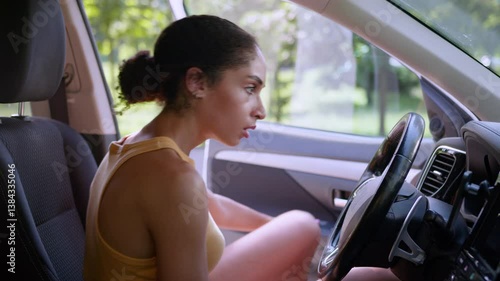 Tired exhausted African American woman open door car female fatigued sad girl businesswoman business stressful problem crisis auto overworked automobile transport vehicle rental service driving lady