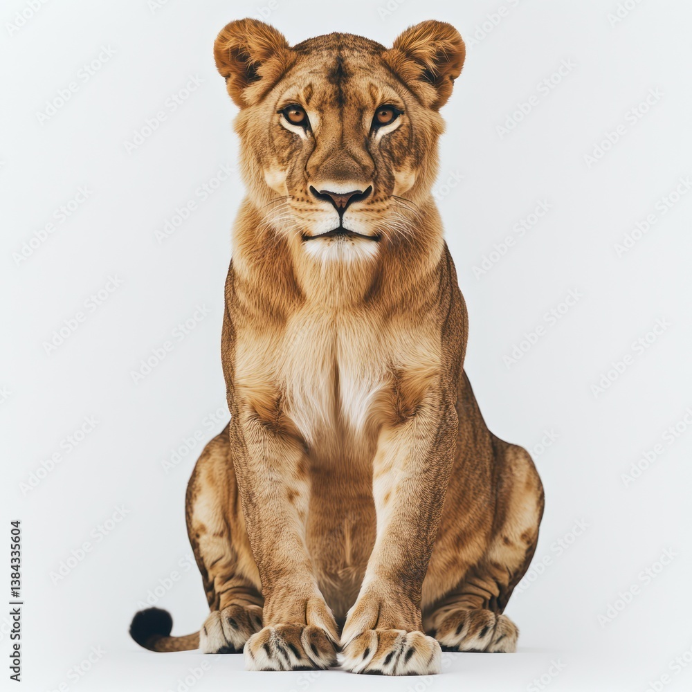 Fototapeta premium Young lioness sitting, studio shot, white background, wildlife photography