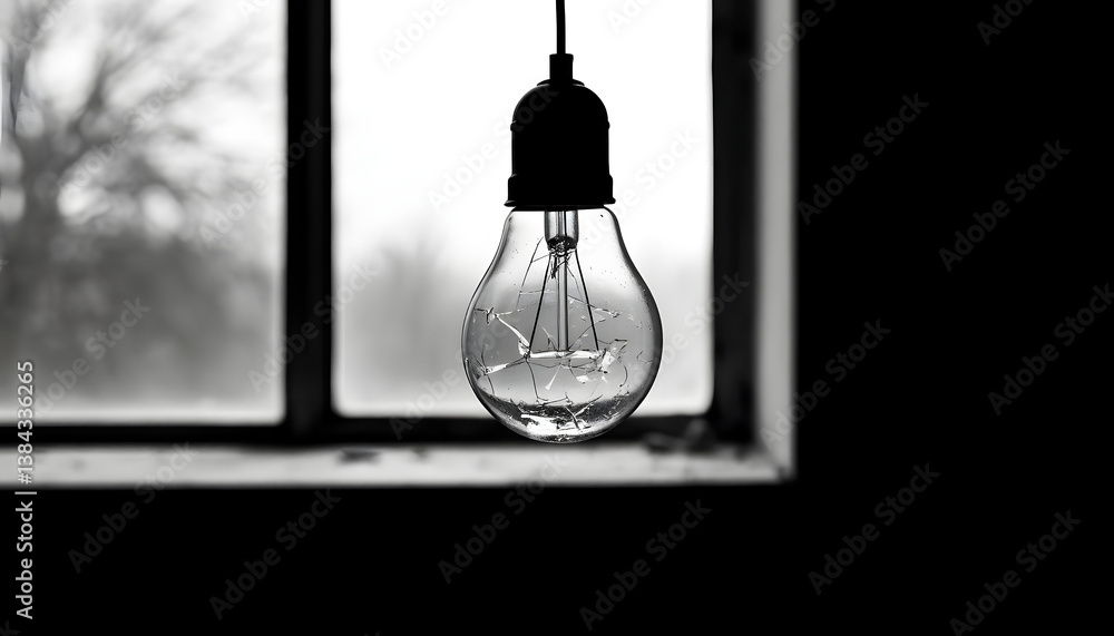 Broken light bulb hanging in shadowy room, symbolizing lost ideas and emotional darkness, faint light through dusty window