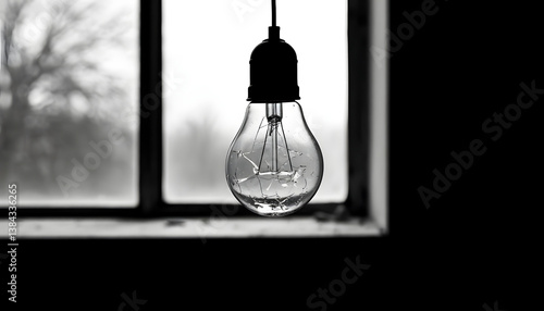 Obraz na płótnie Broken light bulb hanging in shadowy room, symbolizing lost ideas and emotional darkness, faint light through dusty window
w salonie