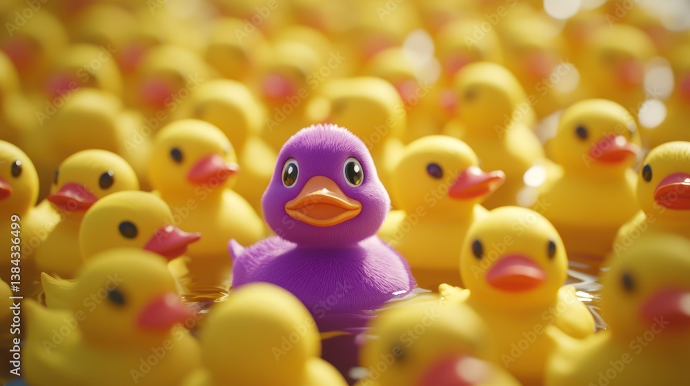Purple duck stands out among yellow ducks in water Purple duck stands out among yellow ducks in water