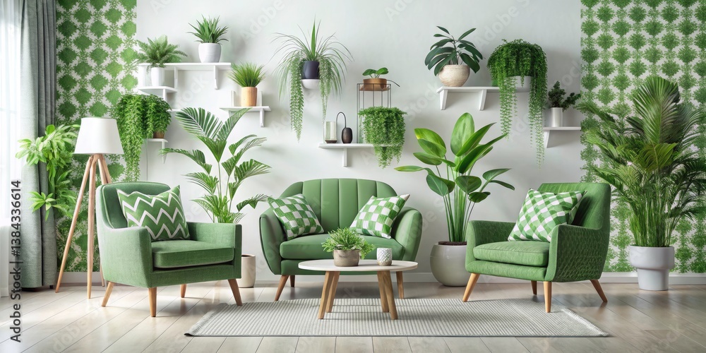 Fototapeta premium Cozy Green Living Room Interior Design: Plants, Chairs, Home Decor