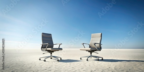 Desolate Office Chairs, Empty Space, Clear Sky, High Depth of Field, Surreal Landscape Photography
