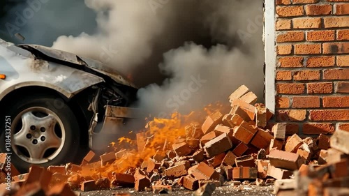 Car insurance theme, Car crash near brick wall creates smoke and debris, igniting dramatic scene with burning wreckage.