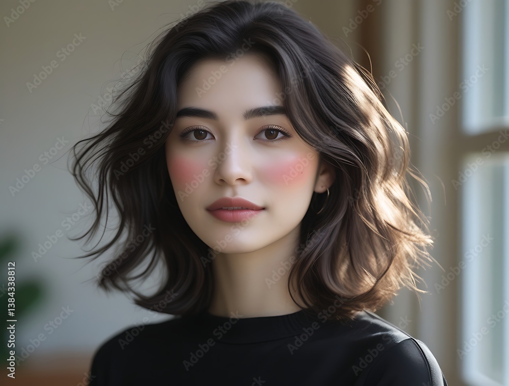 Fototapeta premium Natural beauty of a young brunette woman with soft makeup and healthy glowing skin, perfect for skincare, fashion, or lifestyle branding and editorial content