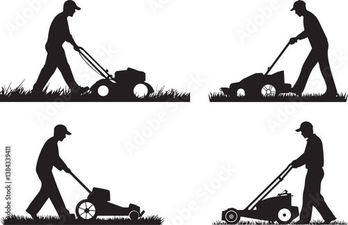 Silhouette of a person mowing lawn with a wide-deck commercial mower