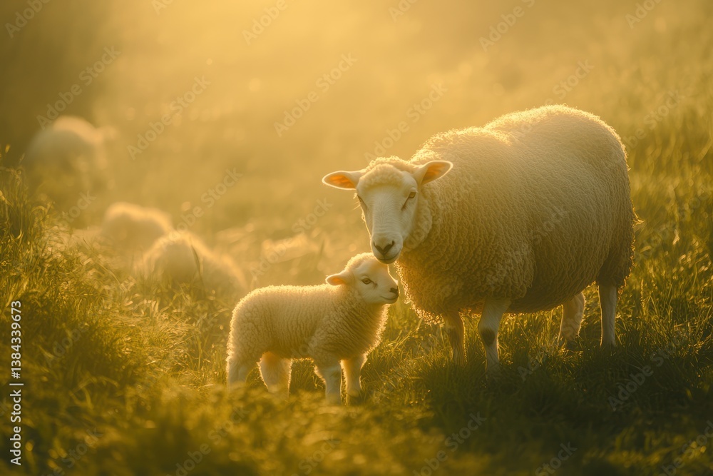 Obraz premium Ewe and lamb at sunrise in pasture; idyllic farm scene