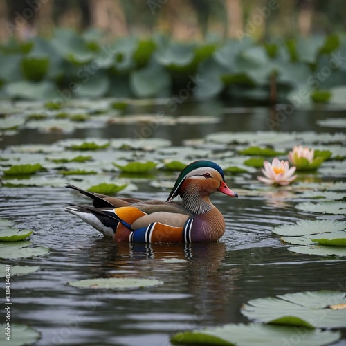 A mandarin duck gliding over a lotus pond.