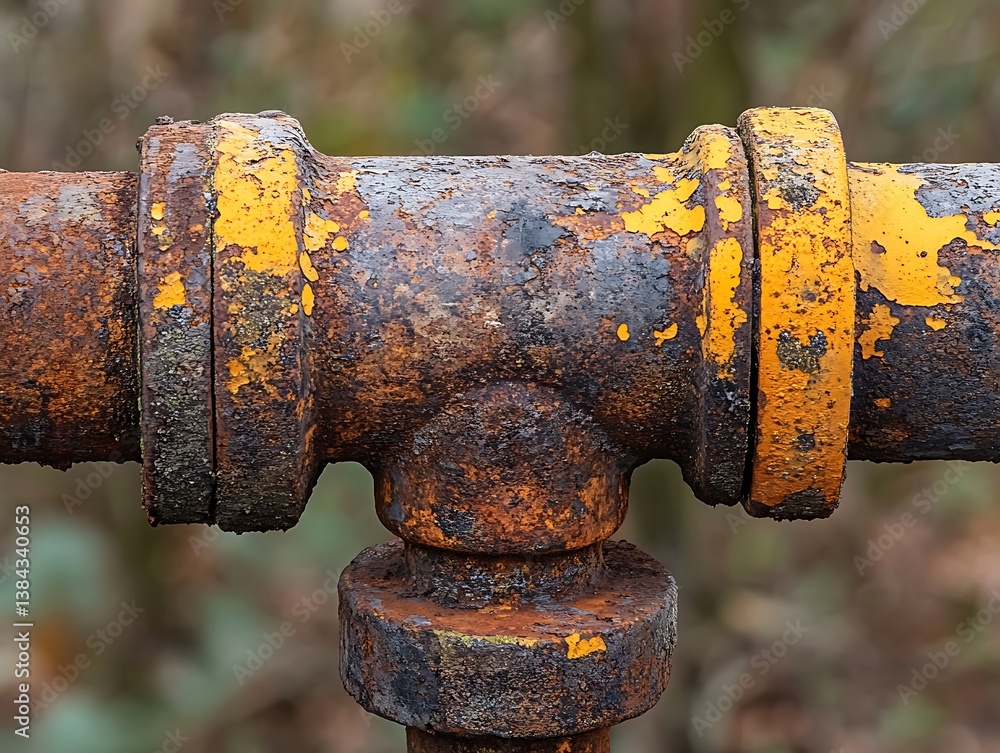 A close up view of a rusty industrial pipe fixture A close up view of a rusty industrial pipe fixture