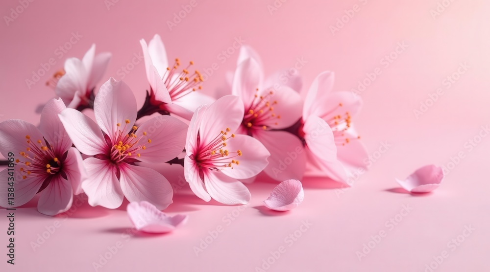 Delicate pink blossoms, softly illuminated, resting on a pale pink surface, showcasing springtime's gentle beauty and ethereal grace Delicate pink blossoms, softly illuminated, resting on a pale pink surface, showcasing springtime's gentle beauty and ethereal grace