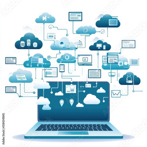 A laptop screen shows a complex network of clouds and wires. Concept of technology and connectivity
