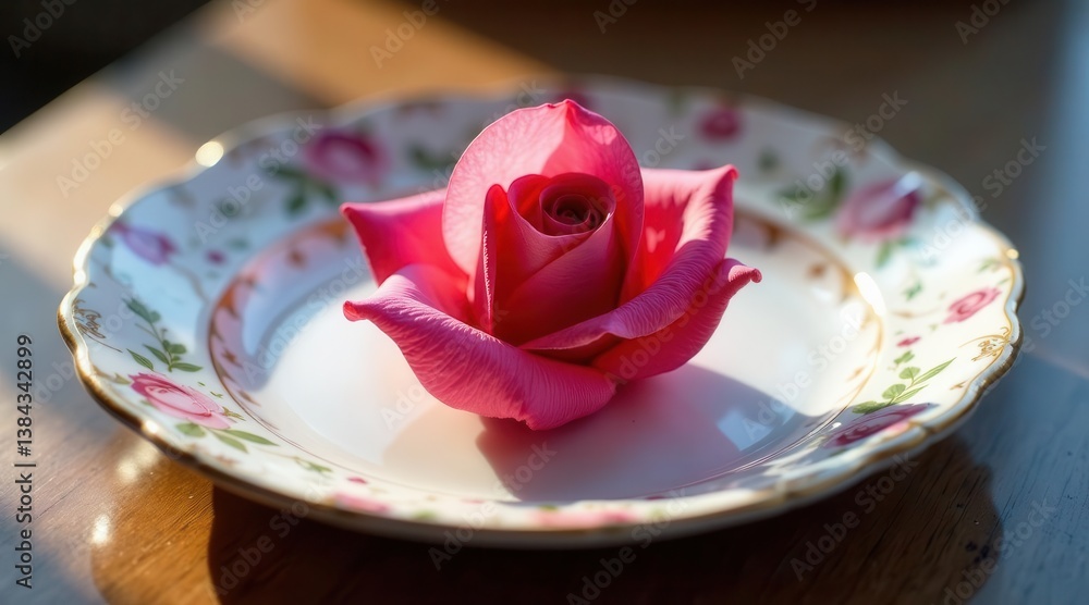A single pink rose rests delicately on an ornate, floral-patterned plate, bathed in sunlight A single pink rose rests delicately on an ornate, floral-patterned plate, bathed in sunlight
