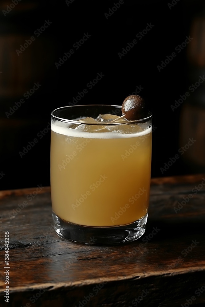 Amber cocktail with ice cubes and garnish on an aged wooden surface Amber cocktail with ice cubes and garnish on an aged wooden surface