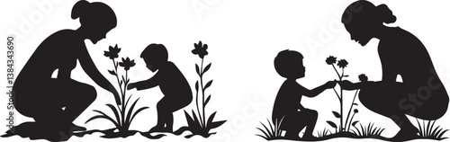 Silhouette of a mother and child planting flowers in a garden