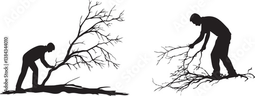 Silhouette Men Handling Fallen Tree Branches Vector Set