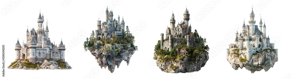 Obraz premium Enchanting Fantasy Castles on Floating Islands in Dreamlike Landscapes, PNG bundle collection, Isolated on Transparent Background