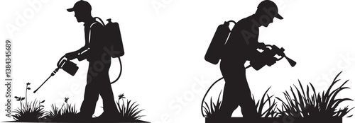 Silhouette of a person spraying for weeds with a garden sprayer