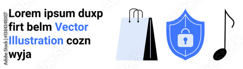Shopping bag, security shield with lock, and music note illustrating online shopping, data protection, and creativity. Ideal for e-commerce, security, music, innovation branding creativity simple