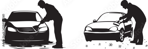 Silhouette of a person brushing snow off a car in a driveway vector silhouette