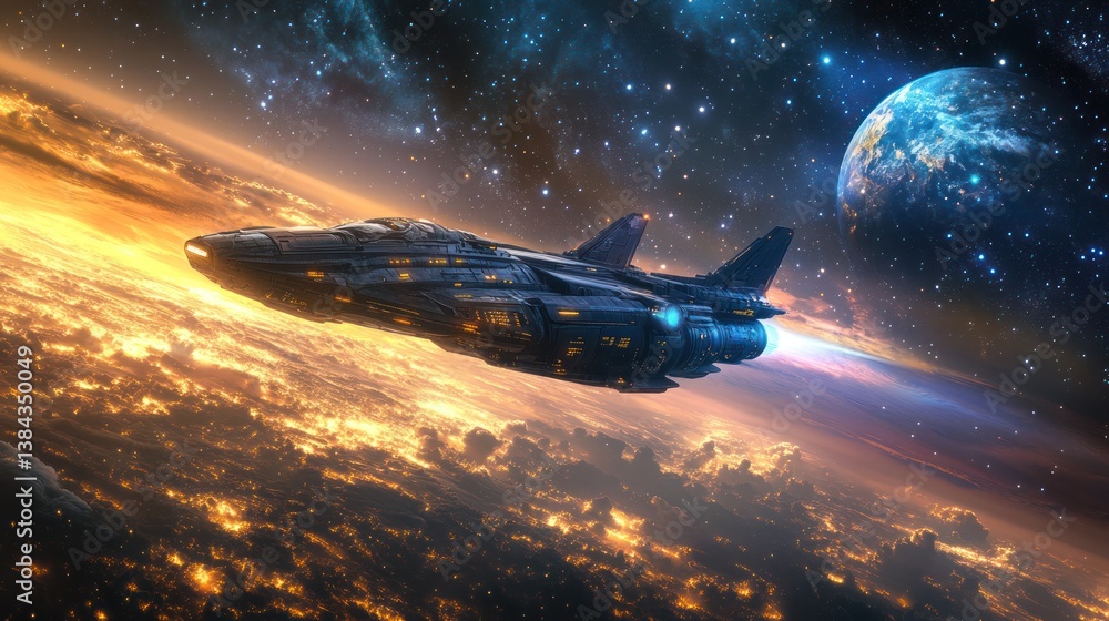 Futuristic spacecraft soaring through a nebula toward a distant planet Futuristic spacecraft soaring through a nebula toward a distant planet