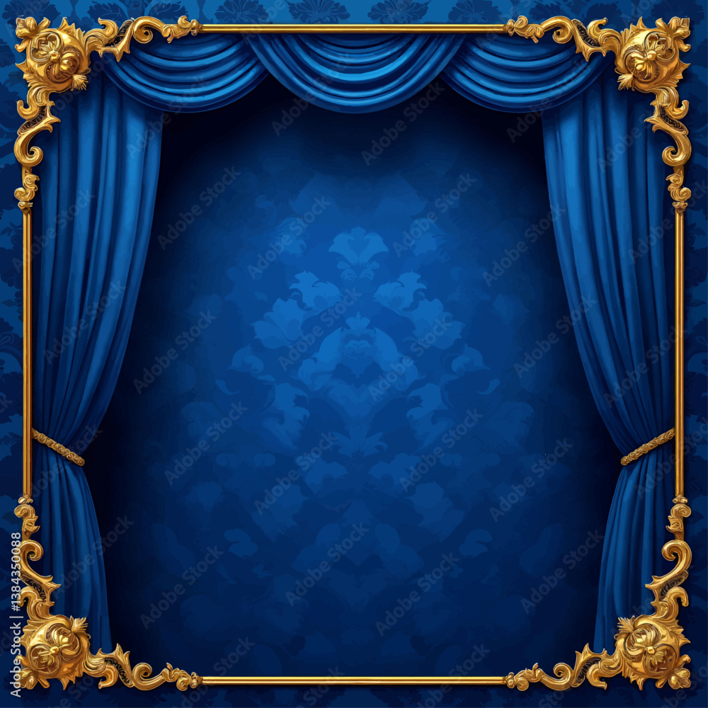 Royal Blue Damask with Gold Frame and Drapery