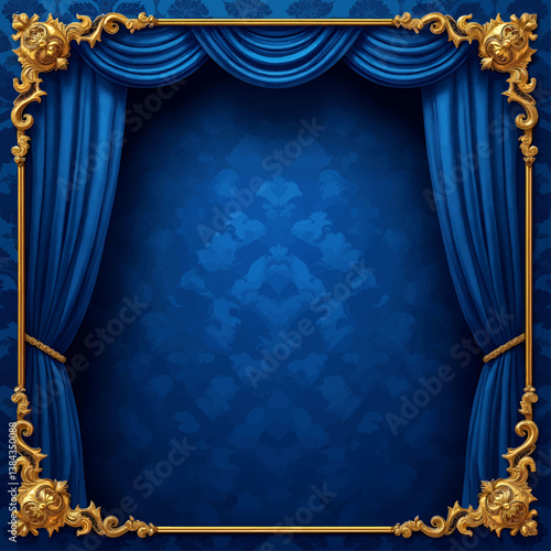 Obraz na płótnie Royal Blue Damask with Gold Frame and Drapery w salonie
