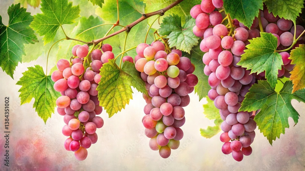 Low Light Watercolor Grapes: Delicate Pink Twig, Lush Green Leaves, Ripening Fruit Low Light Watercolor Grapes: Delicate Pink Twig, Lush Green Leaves, Ripening Fruit