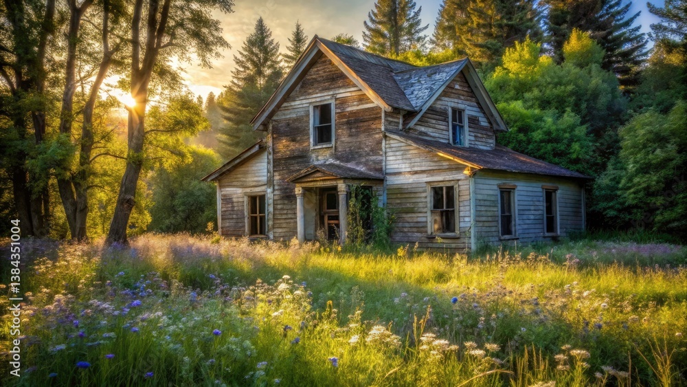 Fototapeta premium Abandoned House in Overgrown Landscape - Forgotten Architecture, Nostalgic Ruins, Nature Reclaiming, Mysterious Vibes, Decaying Beauty, Old Windows, Weathered Walls, Hidden Stories, Timeworn Charm