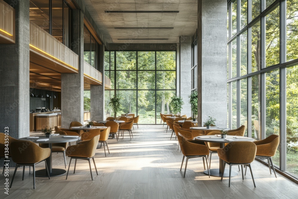 Obraz premium Sunlit restaurant interior with large windows, wooden floors, and mustard-yellow chairs.