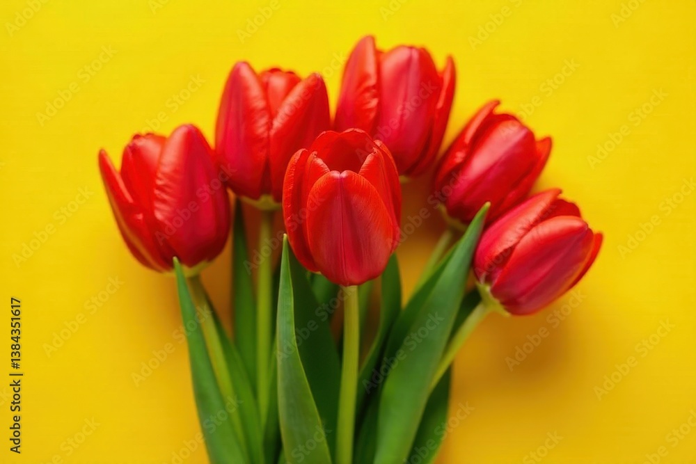 Vibrant Red Tulips Arranged on a Sunny Yellow Background, a Stunning Floral Display of Springtime Blooms Featuring a Close-Up View of Five Blossoms Vibrant Red Tulips Arranged on a Sunny Yellow Background, a Stunning Floral Display of Springtime Blooms Featuring a Close-Up View of Five Blossoms