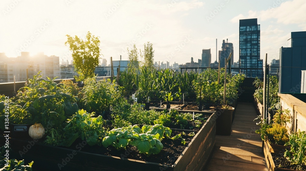 Fototapeta premium Urban Rooftop Garden Oasis: Sustainable City Farming