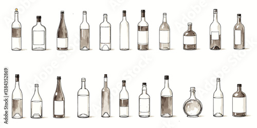 Obraz na płótnie Ink-wash drawing of various bottles with labels w salonie