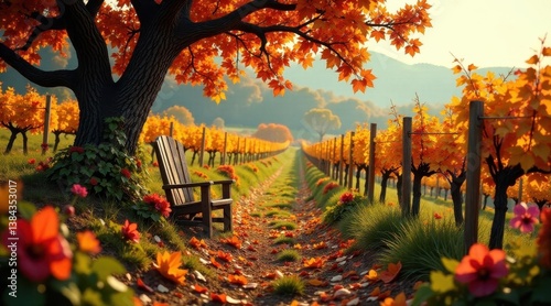 Serene Autumn Vineyard Path with a Rustic Wooden Chair Underneath a Canopy of Vibrant Maple Leaves