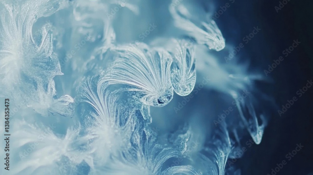 Obraz premium Frozen ice crystals form intricate patterns with soft blue-white gradients in a striking display of winter minimalism