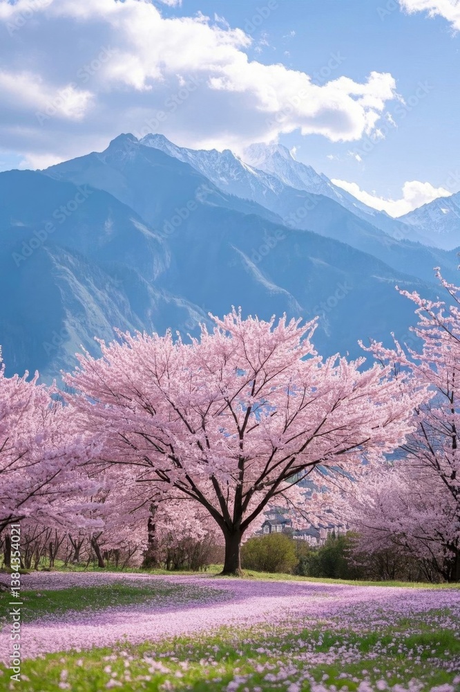 mountains in the background with a field of pink flowers and trees mountains in the background with a field of pink flowers and trees