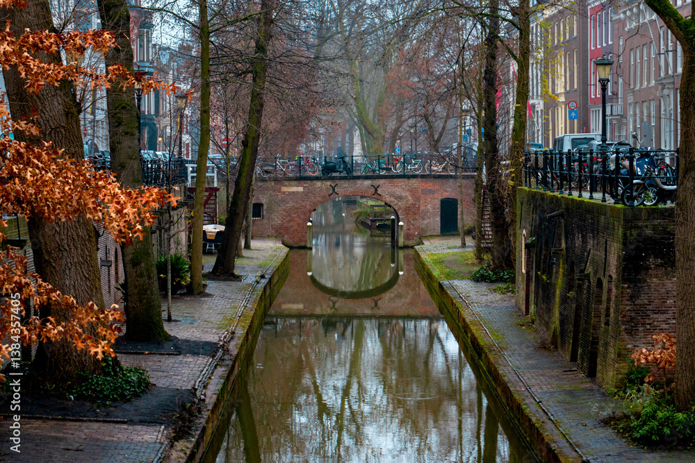 Obraz premium A canal with a bridge and a few trees in amsterdam