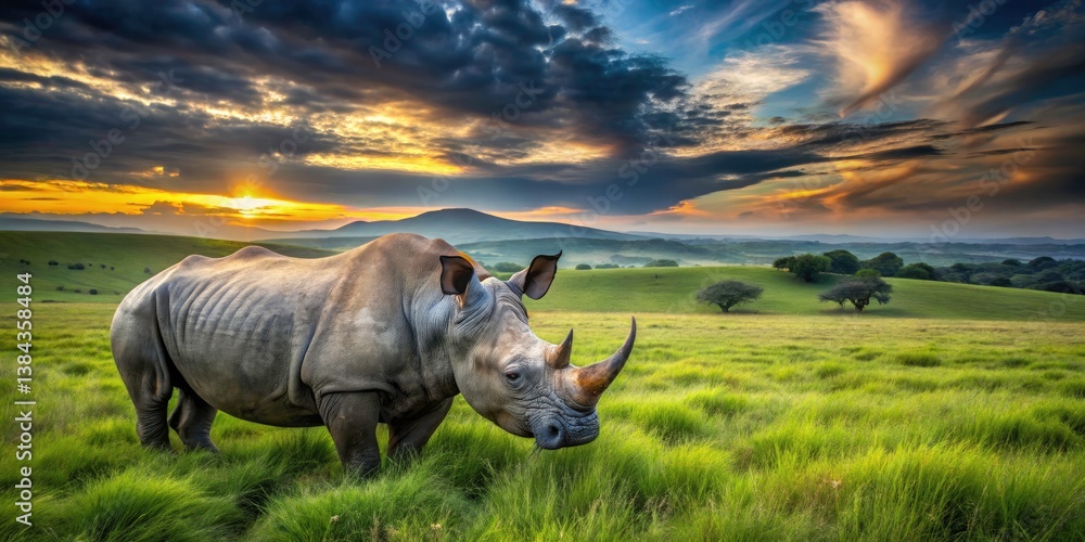 Fototapeta premium Captivating Rhino Portraits in Their Natural Habitat - Stunning Wildlife Documentary Photography of Rhinos, Conservation Efforts, and Endangered Species Preservation